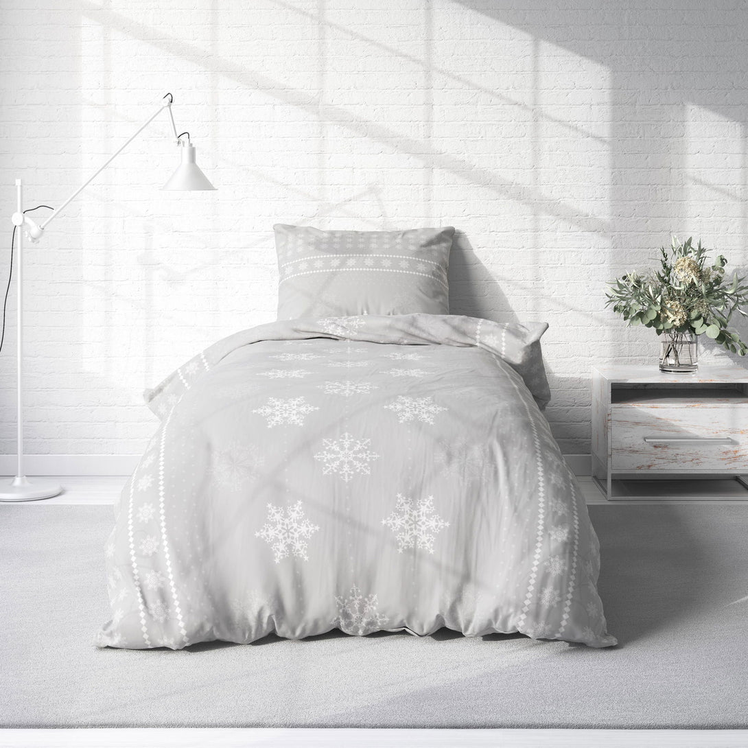 One Home Biber Bettwäsche 135x200 cm Kristalle Schneeflocken Grau Winter Warm Baumwolle