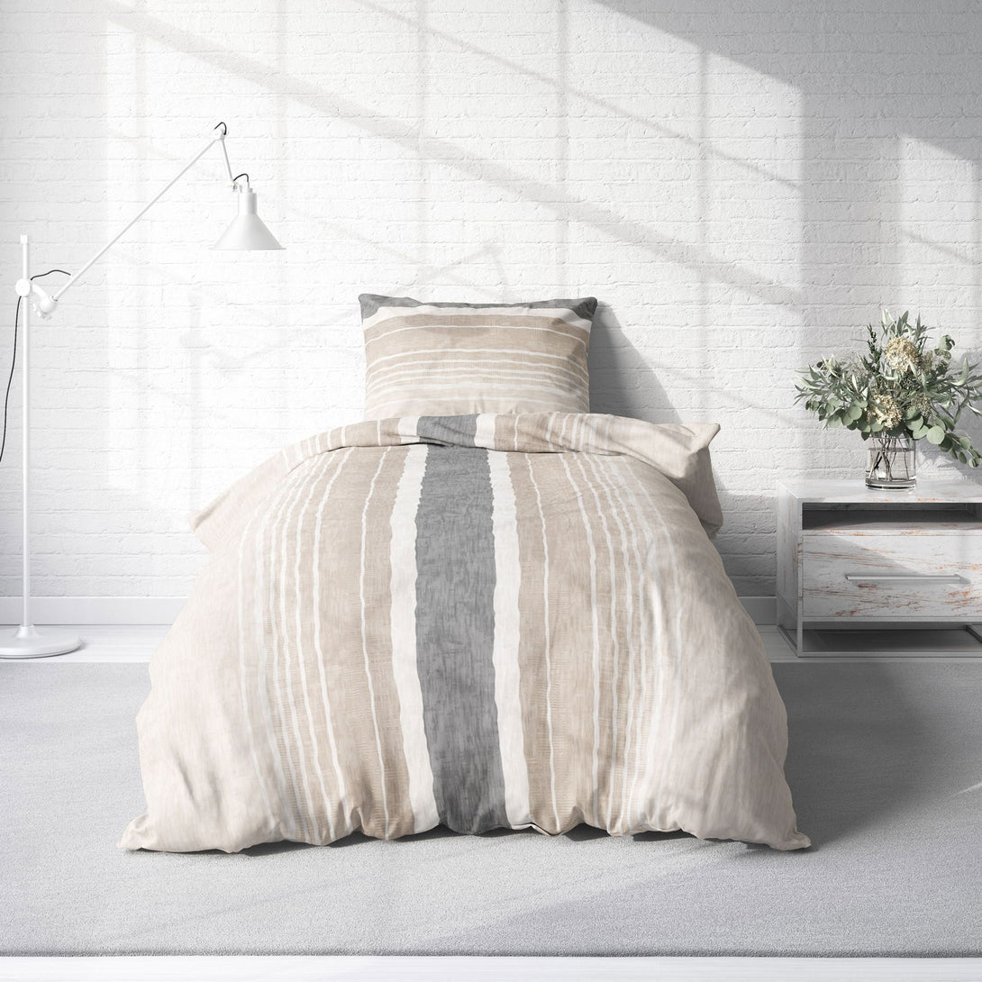 One Home Biber Bettwäsche 135x200 cm gestreift beige anthrazit Winter Warme Baumwolle