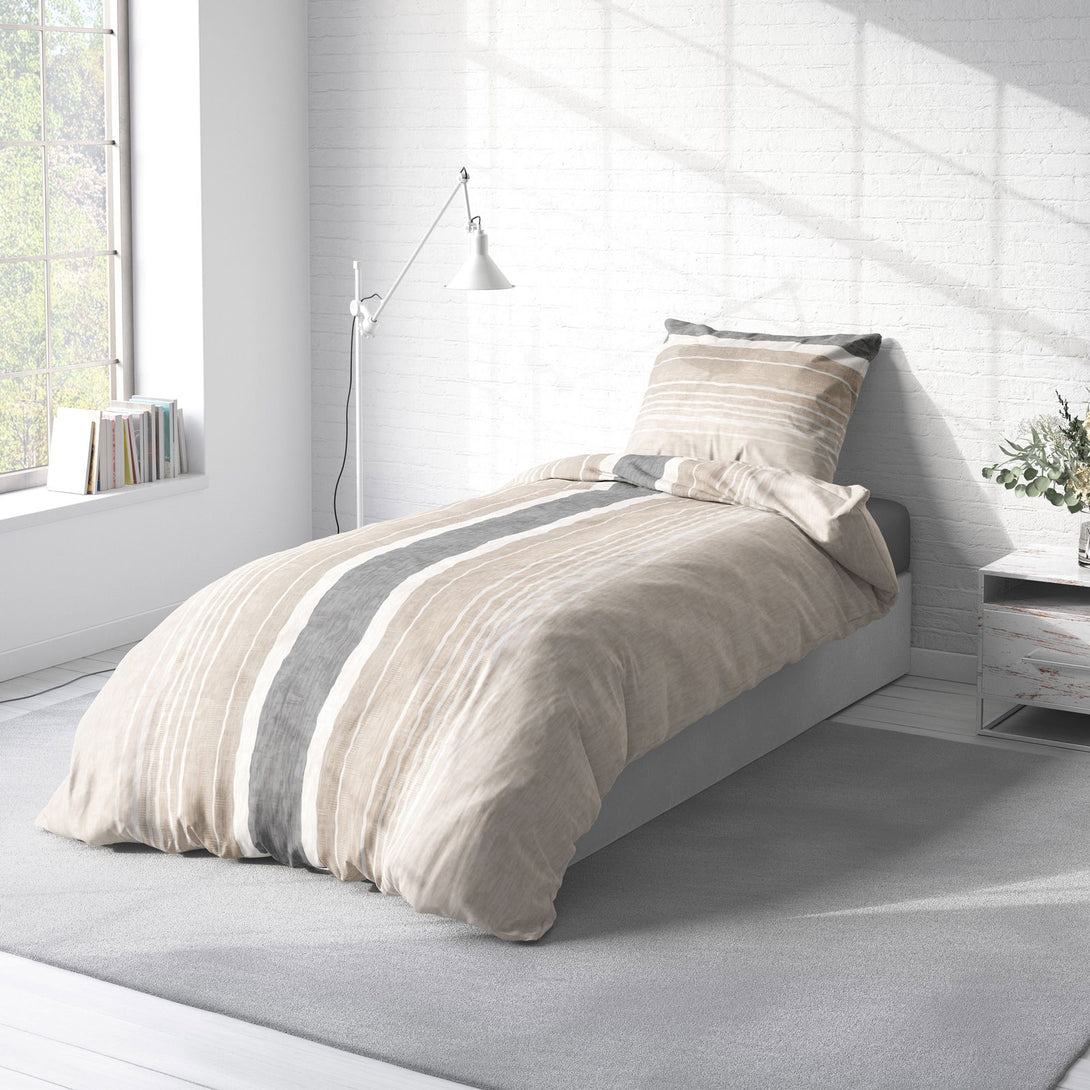 One Home Biber Bettwäsche 135x200 cm gestreift beige anthrazit Winter Warme Baumwolle