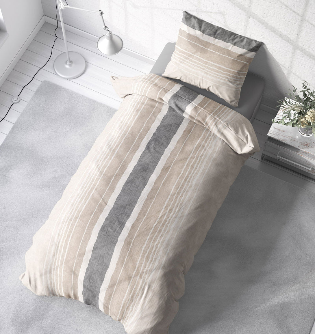 One Home Biber Bettwäsche 135x200 cm gestreift beige anthrazit Winter Warme Baumwolle