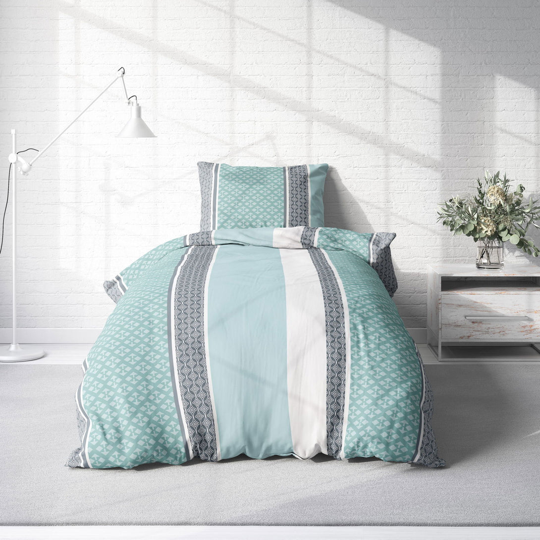 One Home Biber Bettwäsche 155x220 cm Ornamente mint blau Streifen Winter Warme Baumwolle