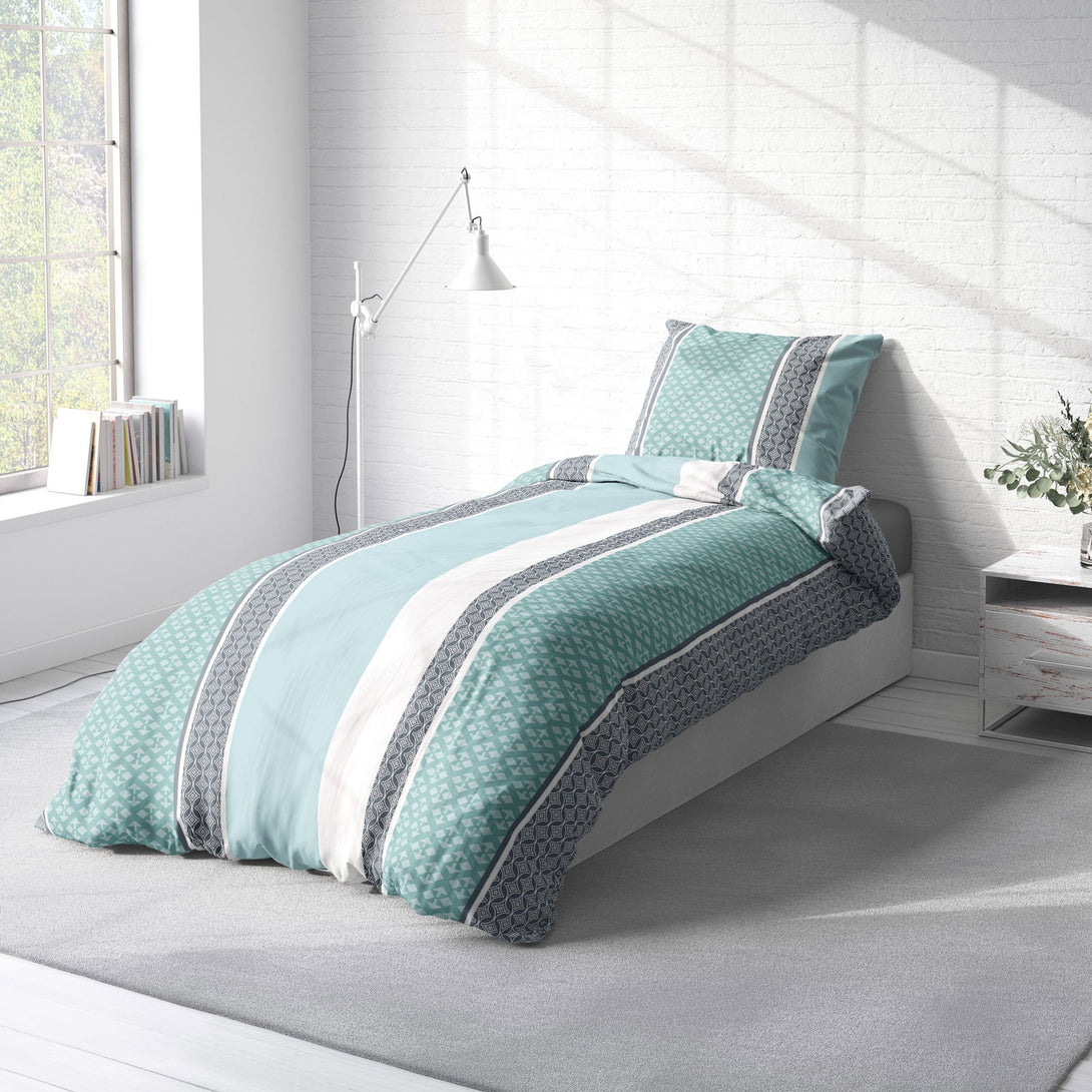 One Home Biber Bettwäsche 155x220 cm Ornamente mint blau Streifen Winter Warme Baumwolle
