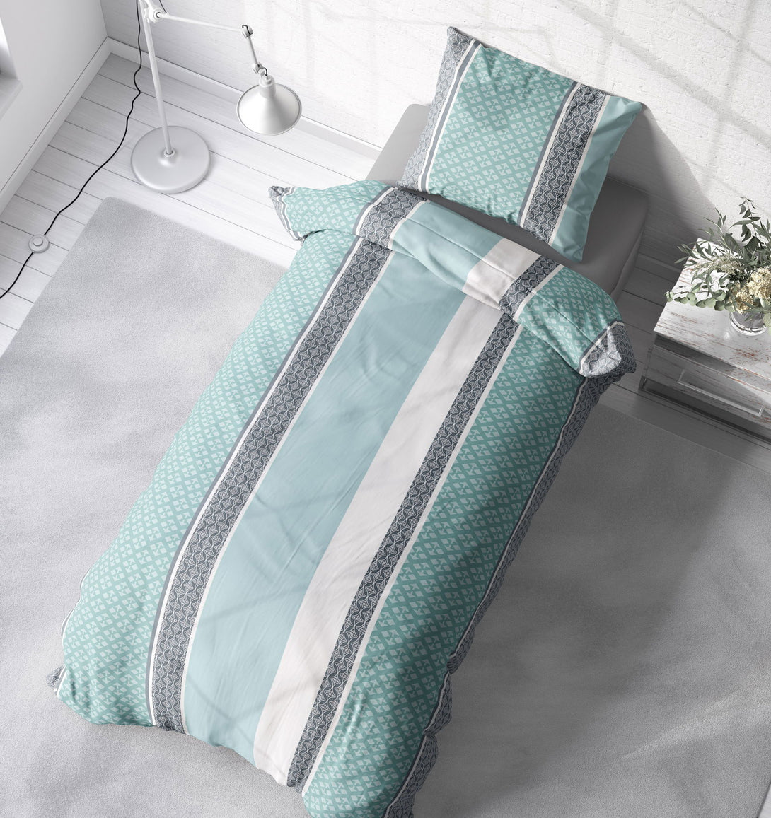 One Home Biber Bettwäsche 155x220 cm Ornamente mint blau Streifen Winter Warme Baumwolle