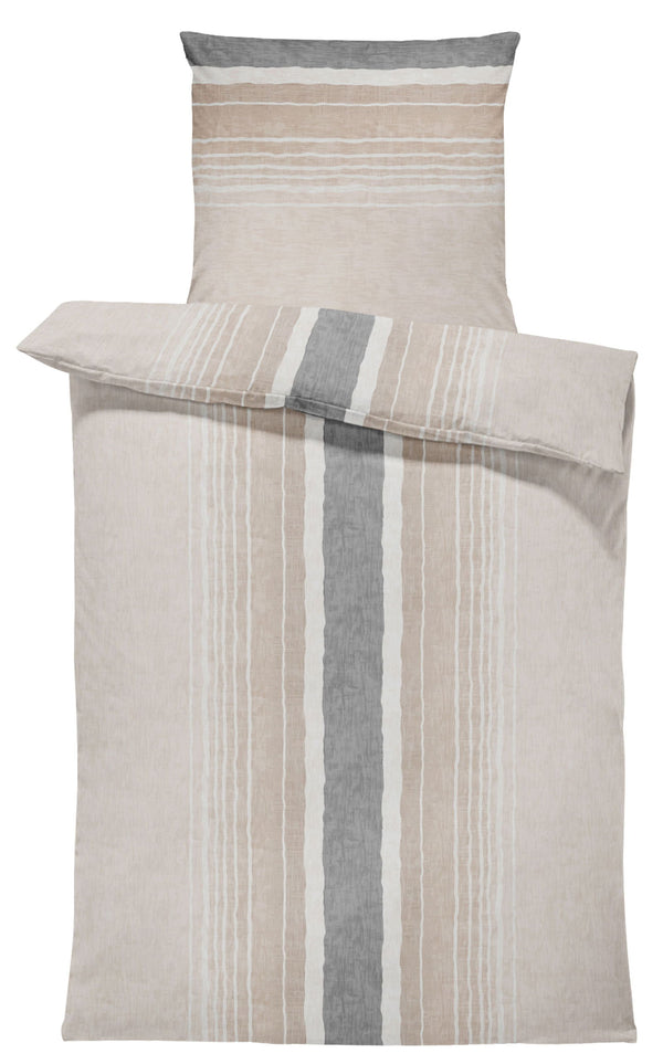 One Home Biber Bettwäsche 155x220 cm gestreift beige anthrazit Winter Warme Baumwolle
