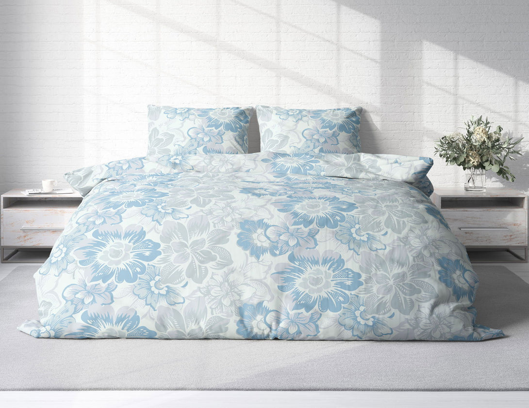 One Home Biber Bettwäsche 200x200 cm Blumen geblümt blau weiß grau Winter Warme Baumwolle