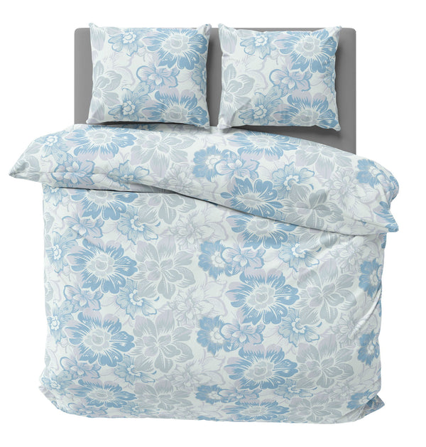 One Home Biber Bettwäsche 240x220 cm Blumen geblümt blau weiß grau Winter Warme Baumwolle
