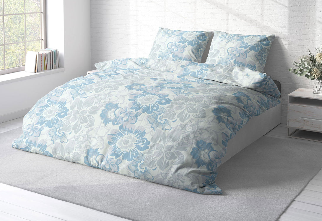 Biber Bettwäsche 240x220 cm Blumen geblümt blau weiß grau Winter Warme