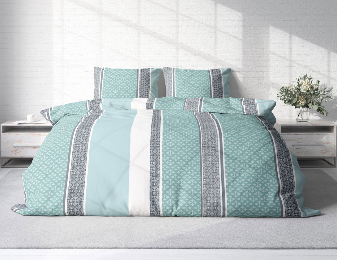 One Home Biber Bettwäsche 240x220 cm Ornamente mint blau Streifen Winter Warme Baumwolle