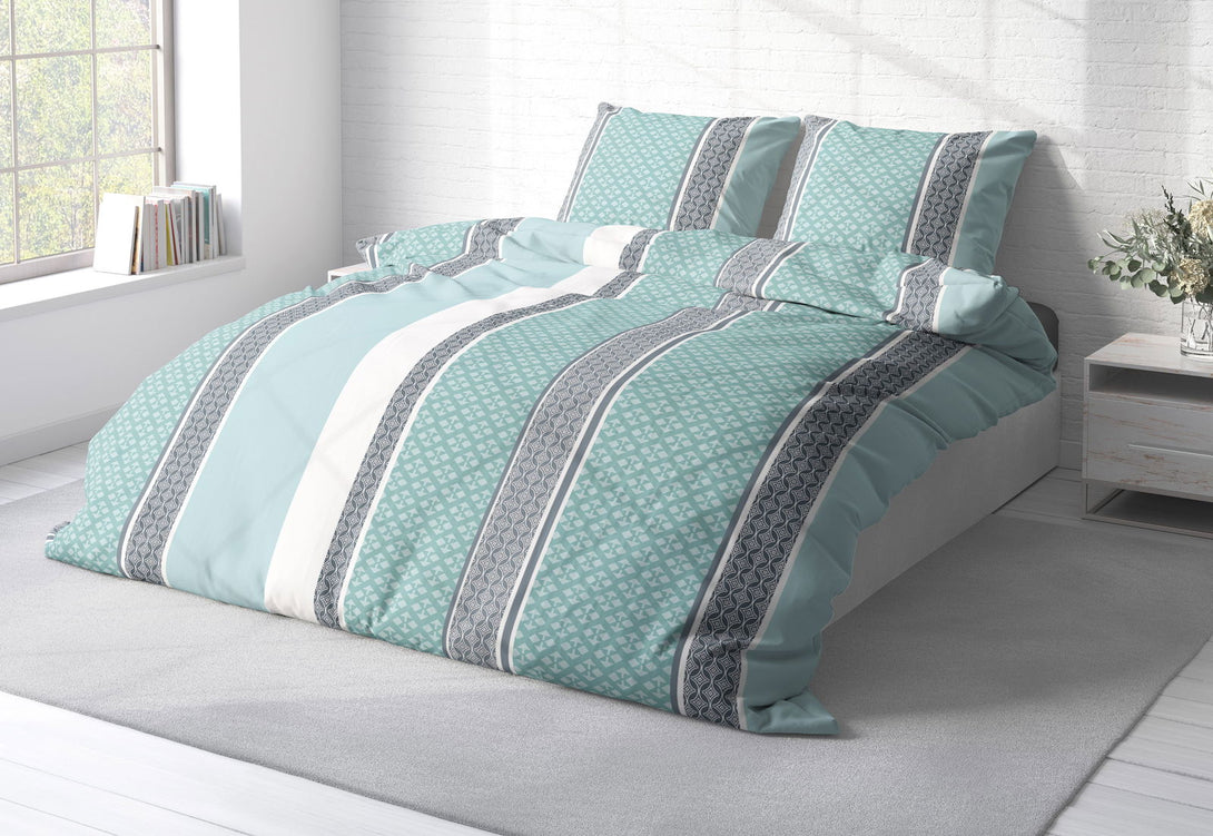 One Home Biber Bettwäsche 240x220 cm Ornamente mint blau Streifen Winter Warme Baumwolle