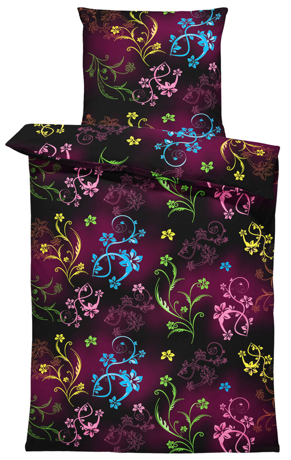 One Home Blumen Bettwäsche 135x200 cm geblümt bunt schwarz Microfaser Garnitur Set