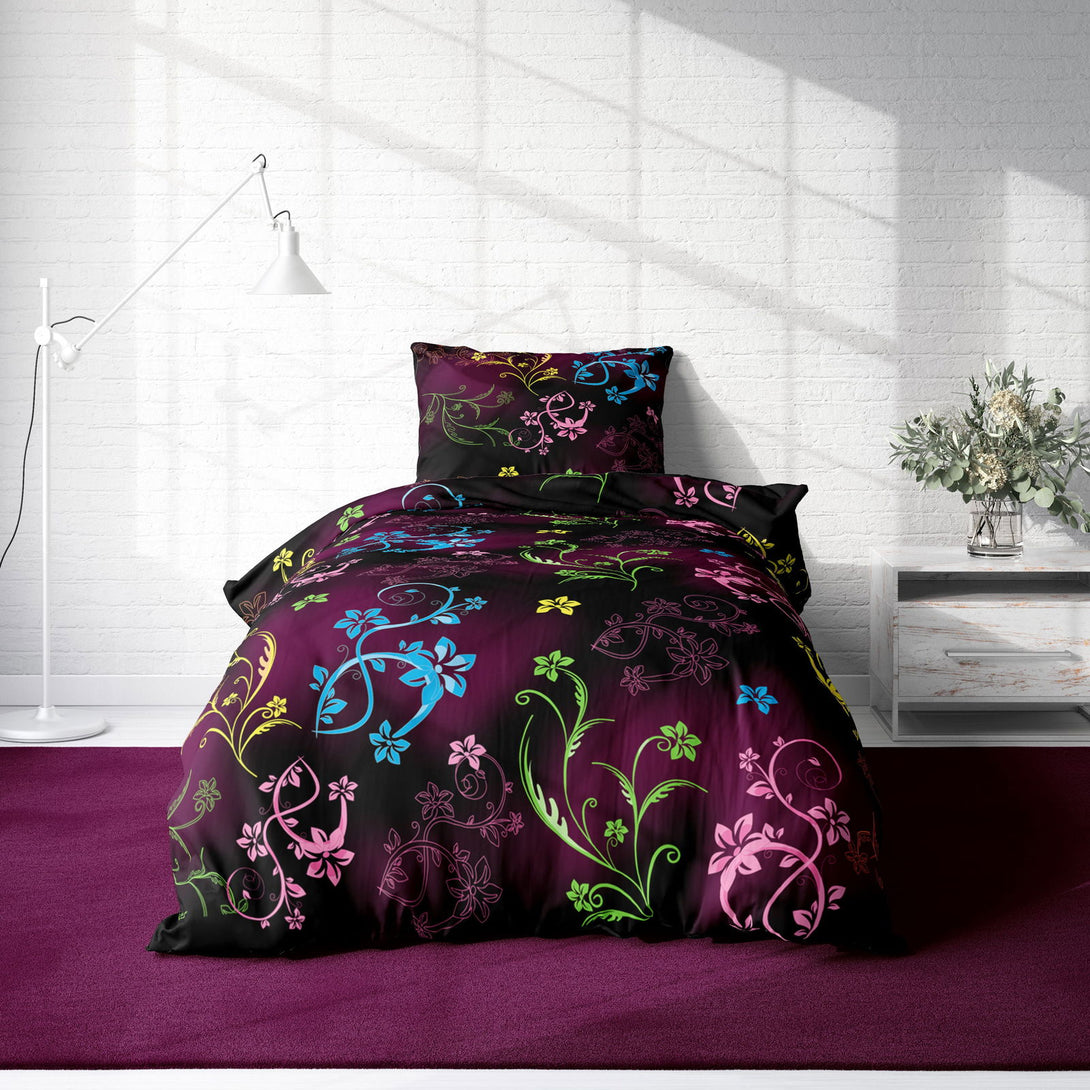 One Home Blumen Bettwäsche 135x200 cm geblümt bunt schwarz Microfaser Garnitur Set