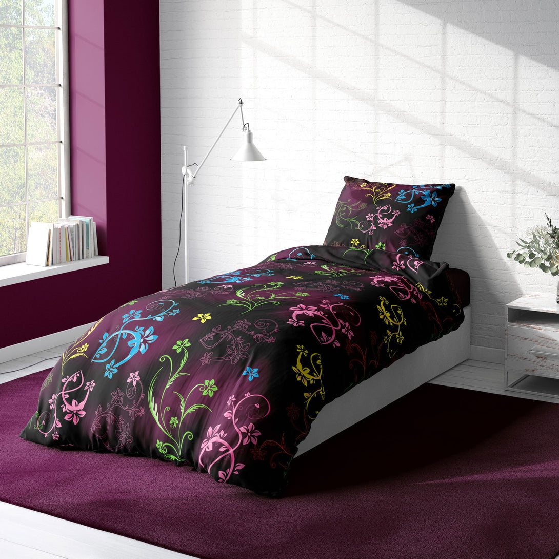 One Home Blumen Bettwäsche 135x200 cm geblümt bunt schwarz Microfaser Garnitur Set