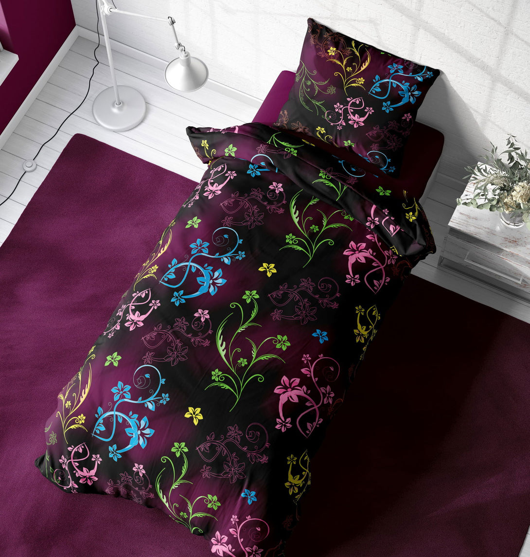 One Home Blumen Bettwäsche 135x200 cm geblümt bunt schwarz Microfaser Garnitur Set