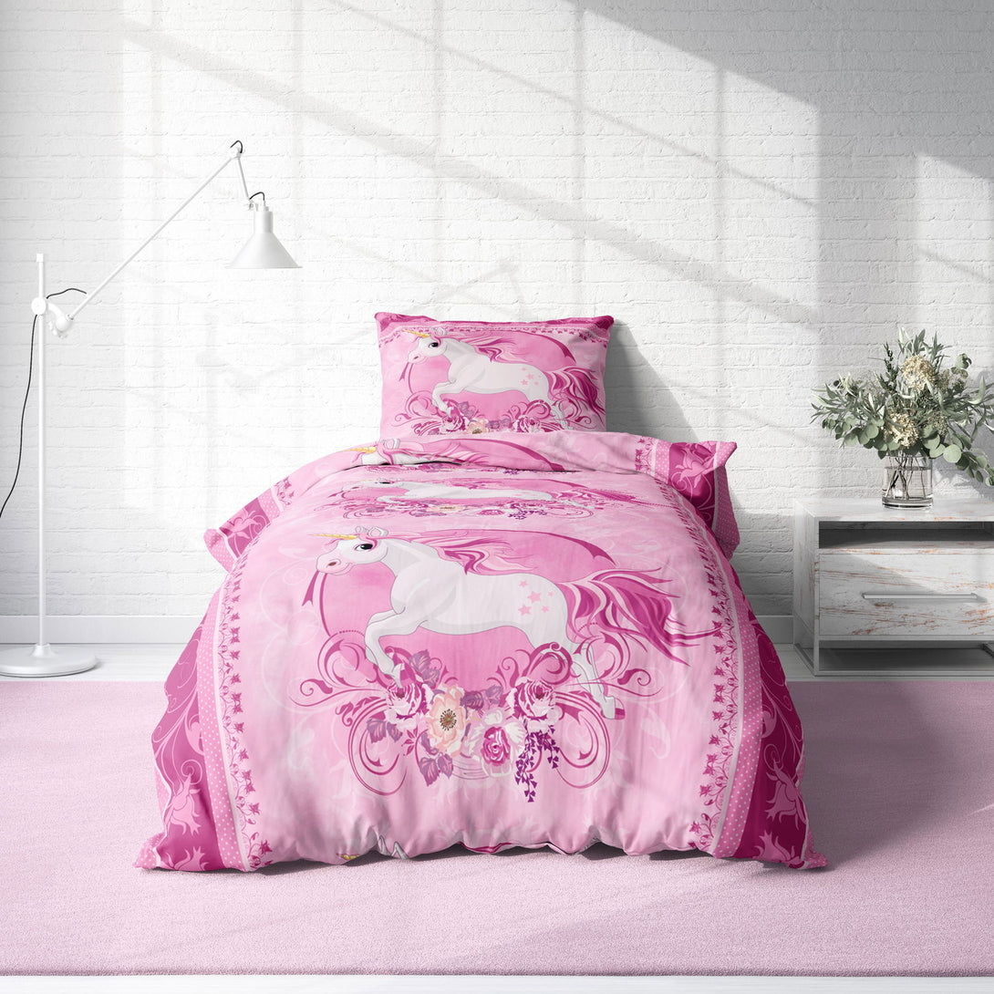 One Home Einhorn Bettwäsche 135x200 cm Unicorn Pferd rosa pink Kinder Mädchen Microfaser