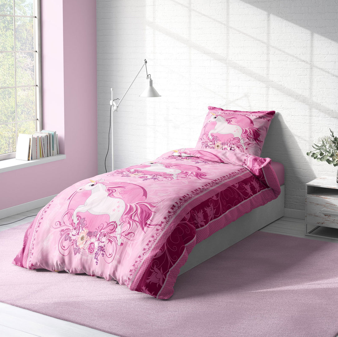 One Home Einhorn Bettwäsche 135x200 cm Unicorn Pferd rosa pink Kinder Mädchen Microfaser