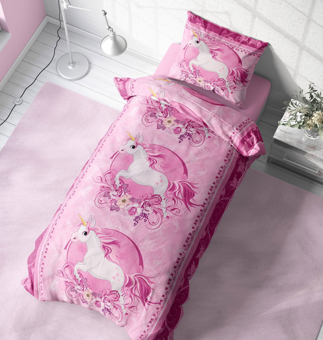 One Home Einhorn Bettwäsche 135x200 cm Unicorn Pferd rosa pink Kinder Mädchen Microfaser