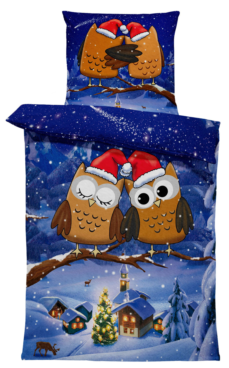 One Home Flausch Bettwäsche 135x200 cm Winter Eulen dunkel blau Weihnachten Thermofleece Default