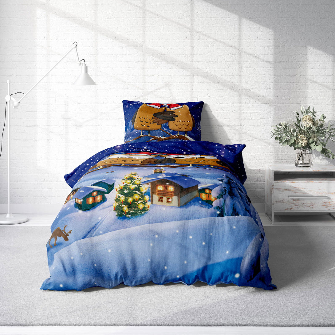 One Home Flausch Bettwäsche 135x200 cm Winter Eulen dunkel blau Weihnachten Thermofleece
