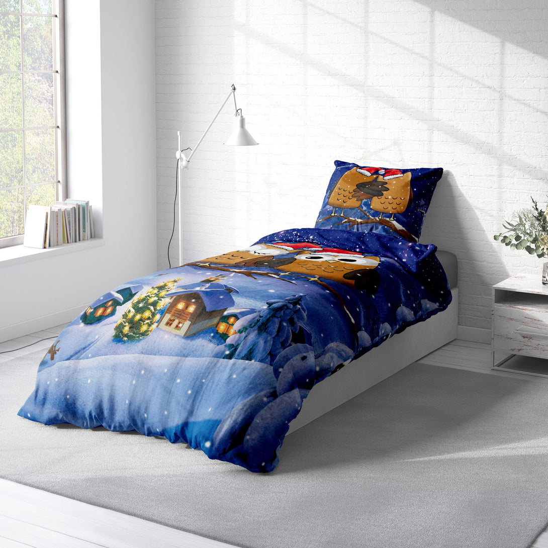 One Home Flausch Bettwäsche 135x200 cm Winter Eulen dunkel blau Weihnachten Thermofleece