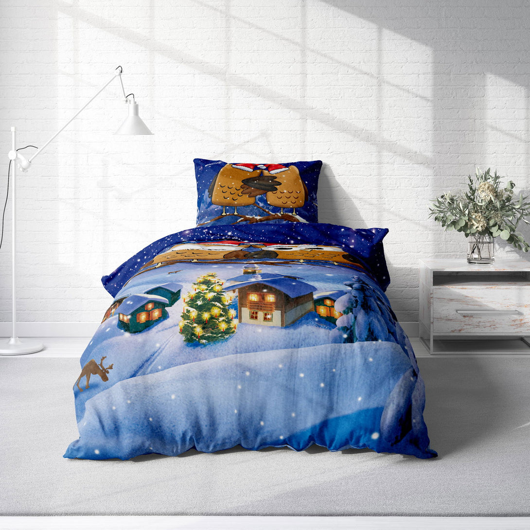One Home Flausch Bettwäsche 135x200 cm Winter Eulen dunkel blau Weihnachten Thermofleece