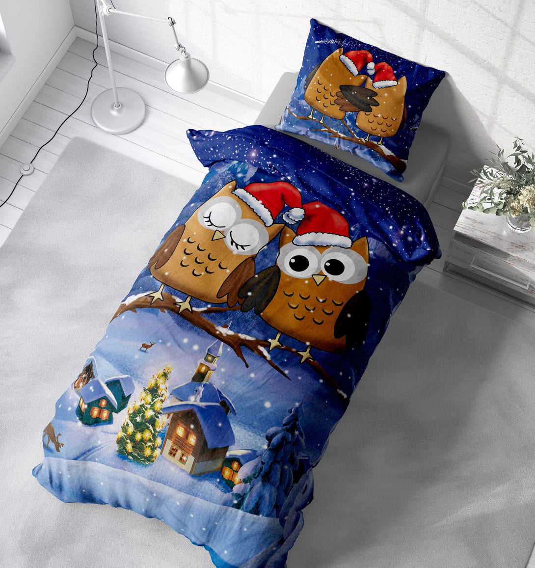 One Home Flausch Bettwäsche 135x200 cm Winter Eulen dunkel blau Weihnachten Thermofleece