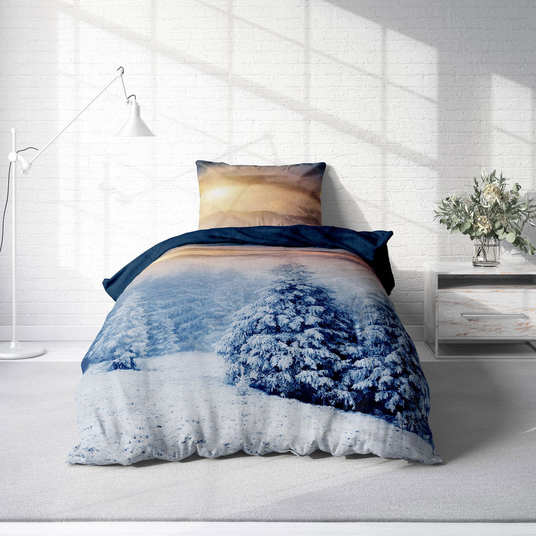 Flausch Bettwäsche 135x200 cm Winterlandschaft Schnee blau weiß Thermo