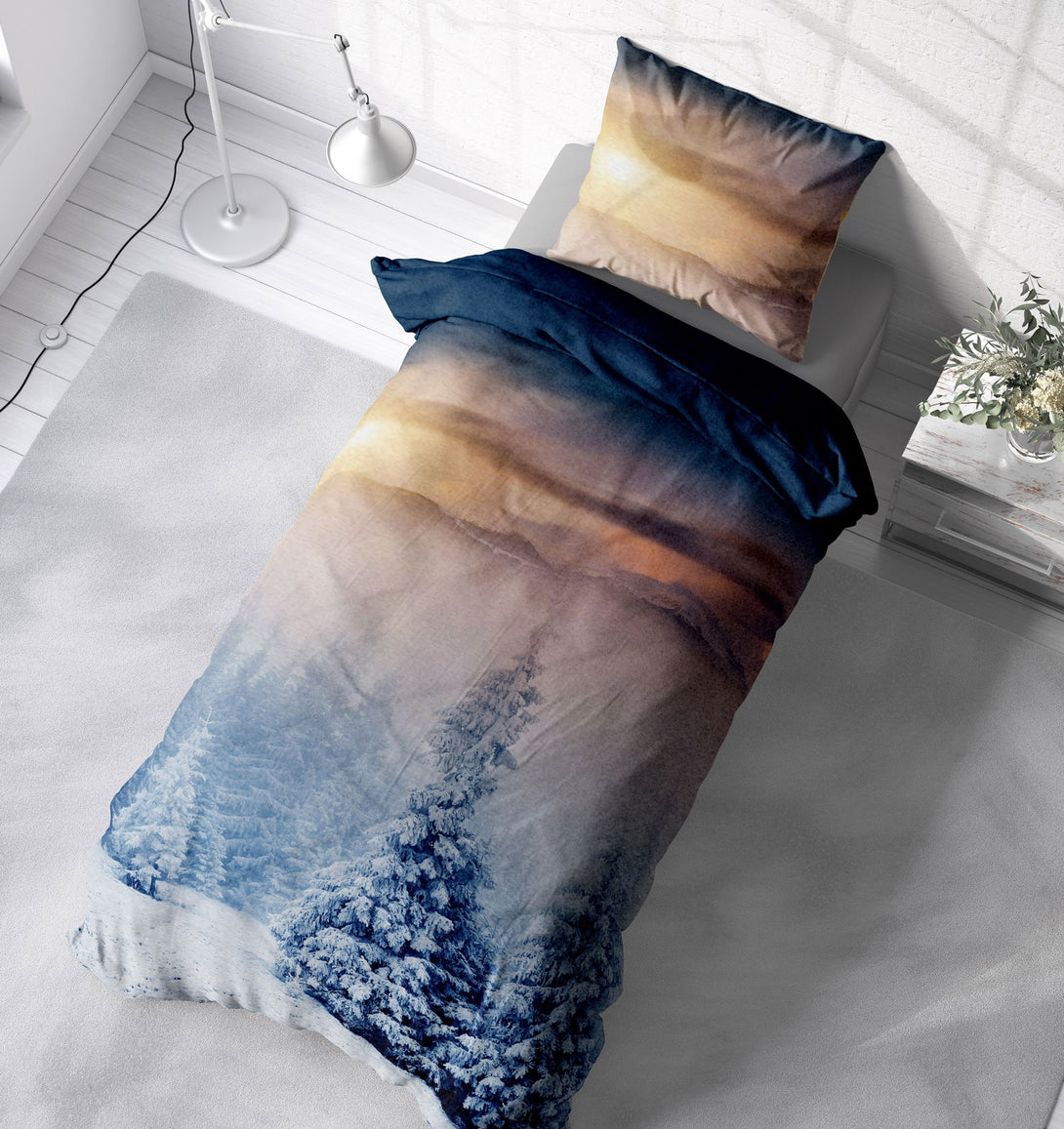 One Home Flausch Bettwäsche 135x200 cm Winterlandschaft Schnee blau weiß Thermofleece
