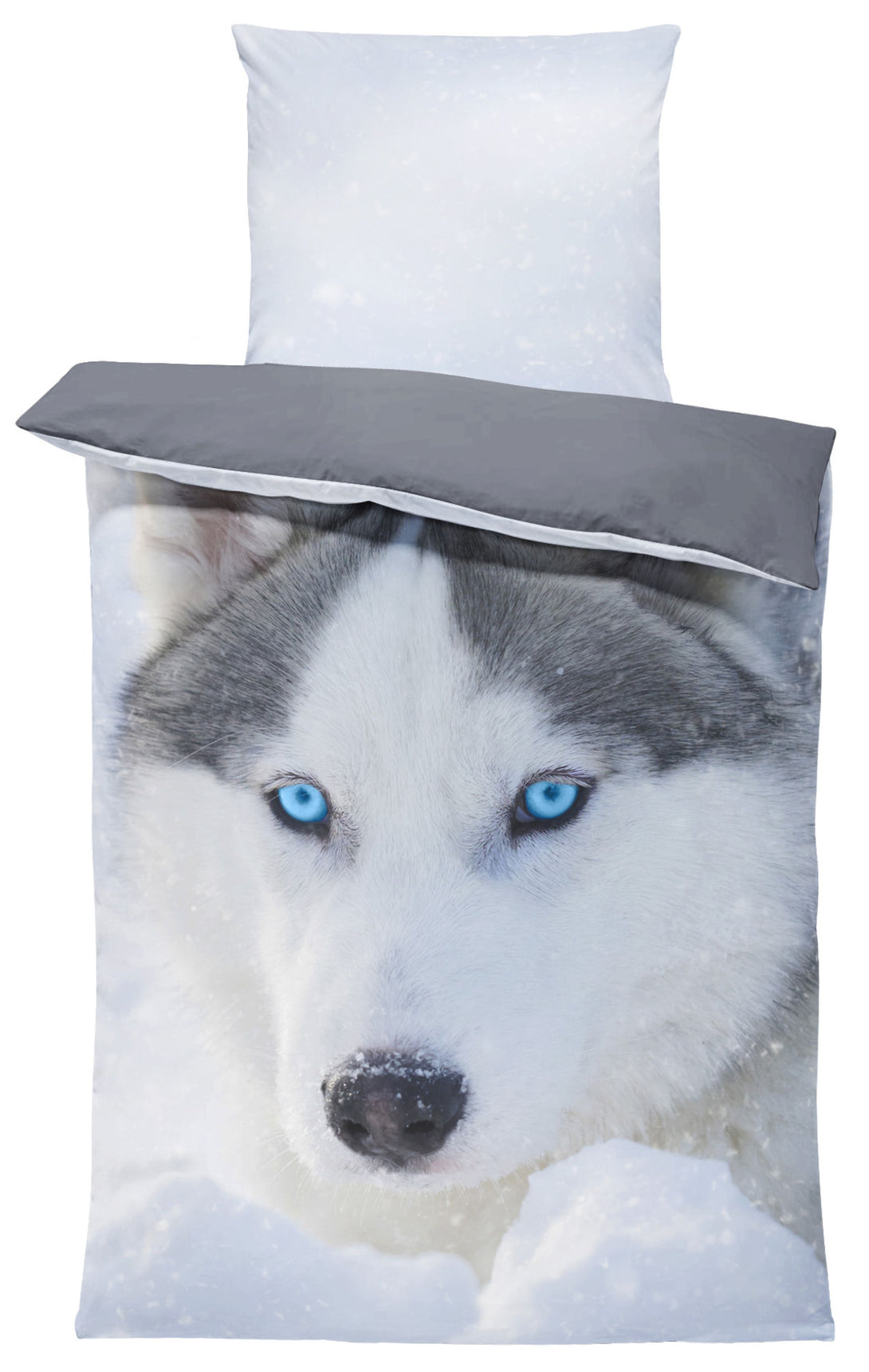 One Home Bettwäsche 135x200 cm und 80x80 cm Mikrofaser Bettbezug Fotodruck modern Schnee Hunde Husky grau