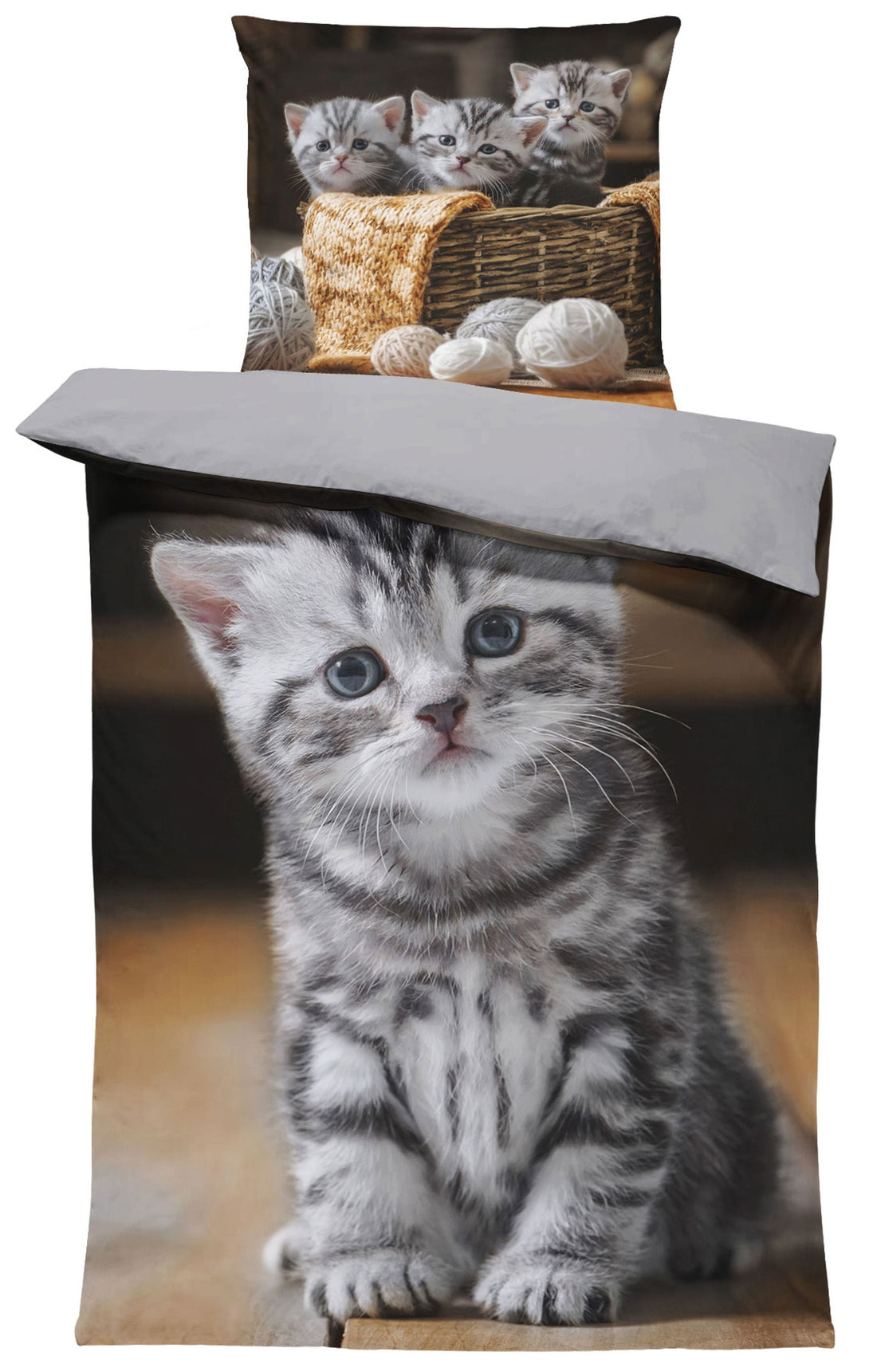 One Home Katzen Bettwäsche 135x200 cm süße Katze Welpen Baby Kitty grau Wende Microfaser