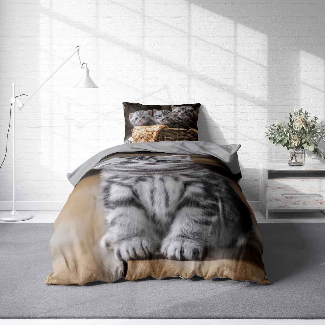 One Home Katzen Bettwäsche 135x200 cm süße Katze Welpen Baby Kitty grau Wende Microfaser