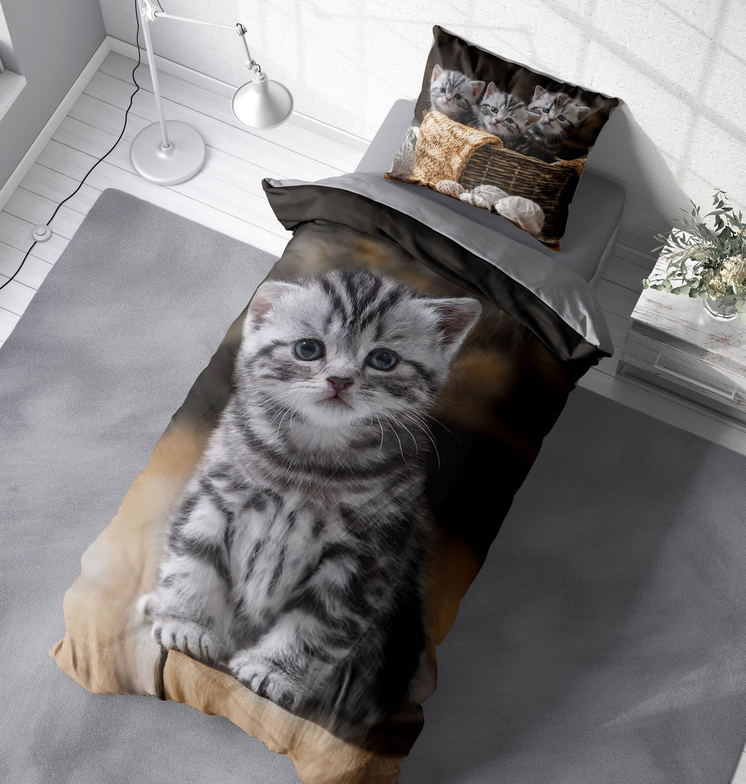 One Home Katzen Bettwäsche 135x200 cm süße Katze Welpen Baby Kitty grau Wende Microfaser