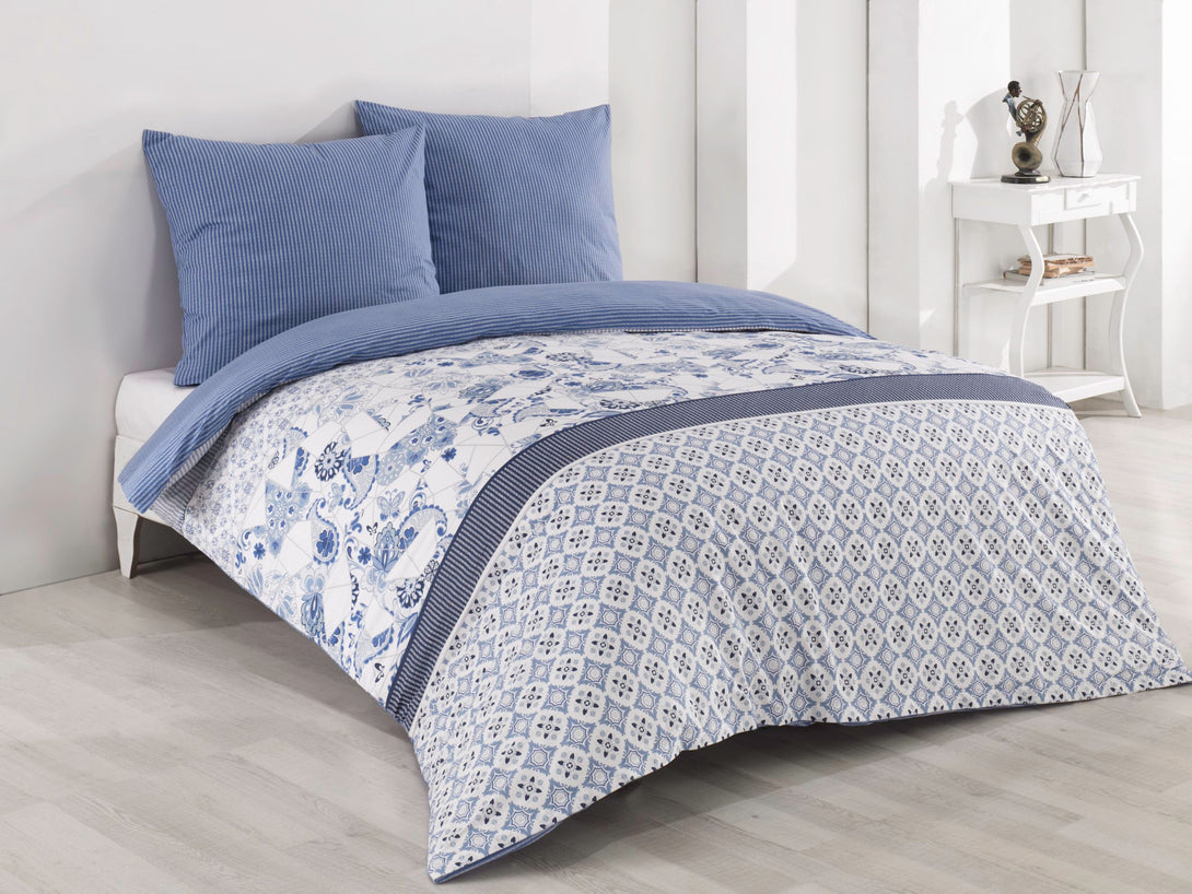 One Home Bettwäsche Set Paisley Streifen Blumen Retro blau weiß Wende Baumwolle Renforce