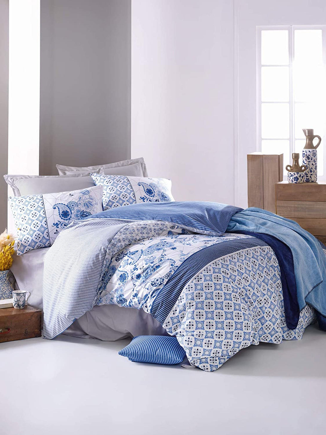 One Home Bettwäsche Set Paisley Streifen Blumen Retro blau weiß Wende Baumwolle Renforce