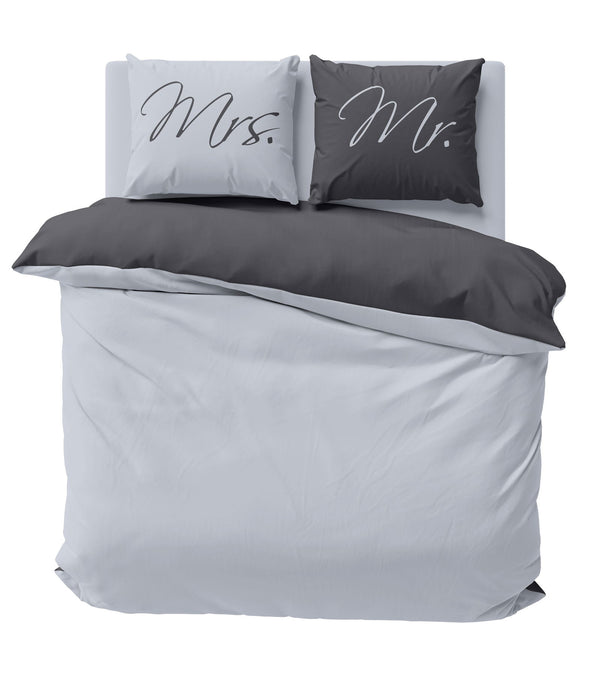 One Home Partner Bettwäsche 240x220 cm Mr and Mrs silber grau Wende Doppelbett Microfaser