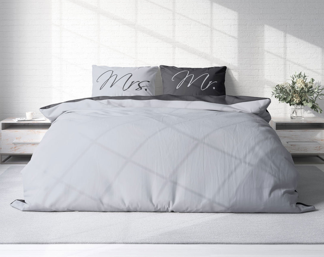 One Home Partner Bettwäsche 240x220 cm Mr and Mrs silber grau Wende Doppelbett Microfaser