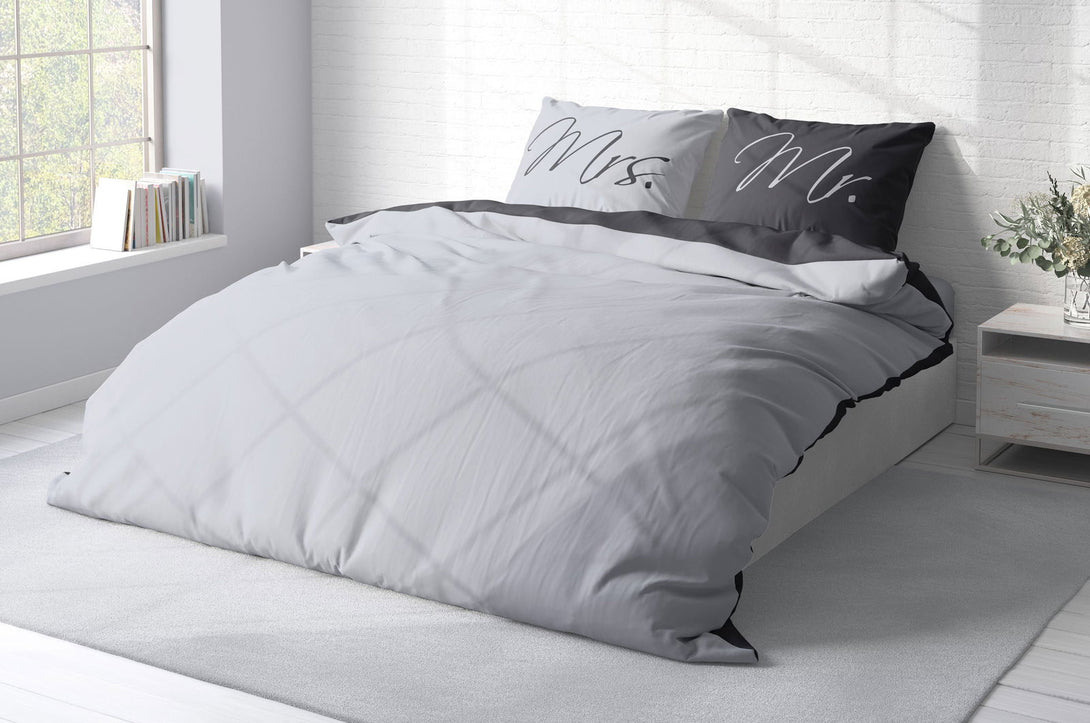 One Home Partner Bettwäsche 240x220 cm Mr and Mrs silber grau Wende Doppelbett Microfaser