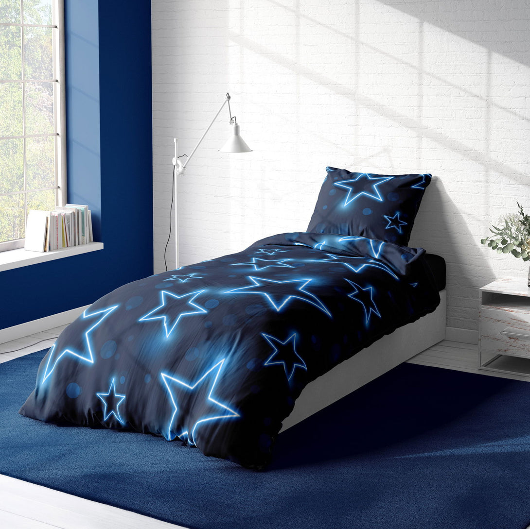 One Home Sterne Bettwäsche 135x200 cm Stern Stars dunkel blau leuchtoptik Microfaser Set