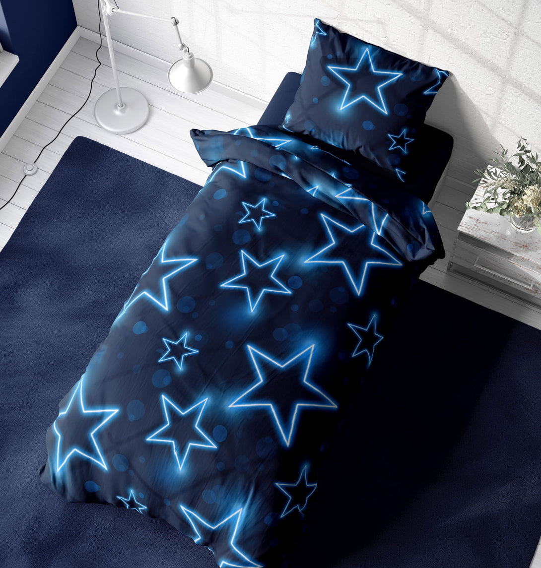 One Home Sterne Bettwäsche 135x200 cm Stern Stars dunkel blau leuchtoptik Microfaser Set