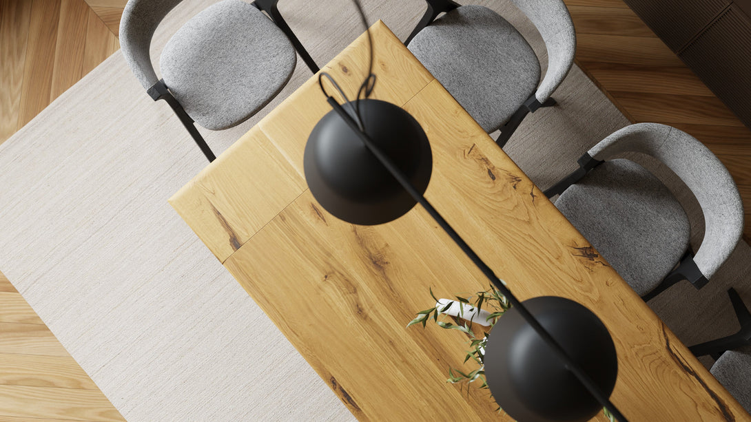 One Home Esstisch mit Ansteckplatten, 160 (240) x90cm, Eiche massiv Baumkante und Spidergestell