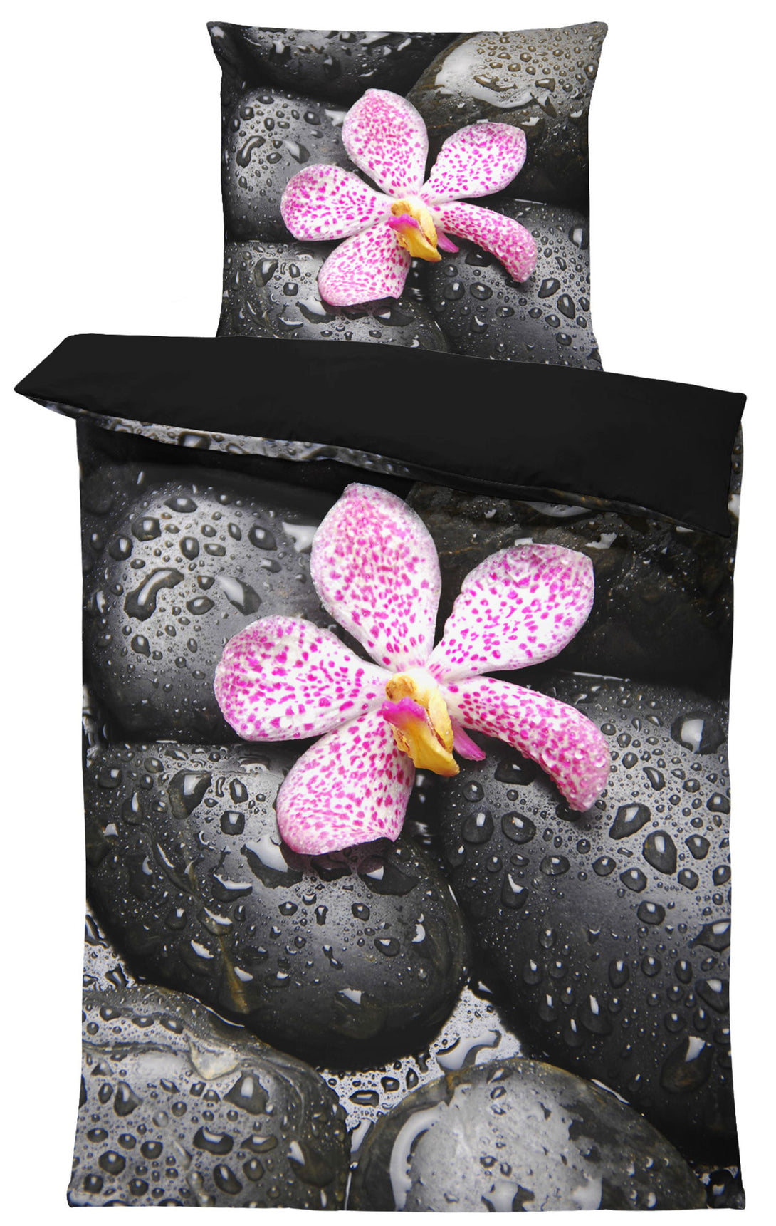 One Home Wende Bettwäsche 135x200 cm Steine schwarz Orchideen Zen Relax Microfaser Set