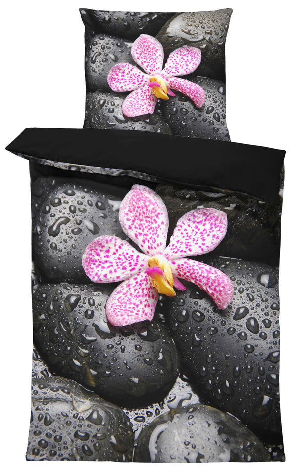 One Home Wende Bettwäsche 135x200 cm Steine schwarz Orchideen Zen Relax Microfaser Set