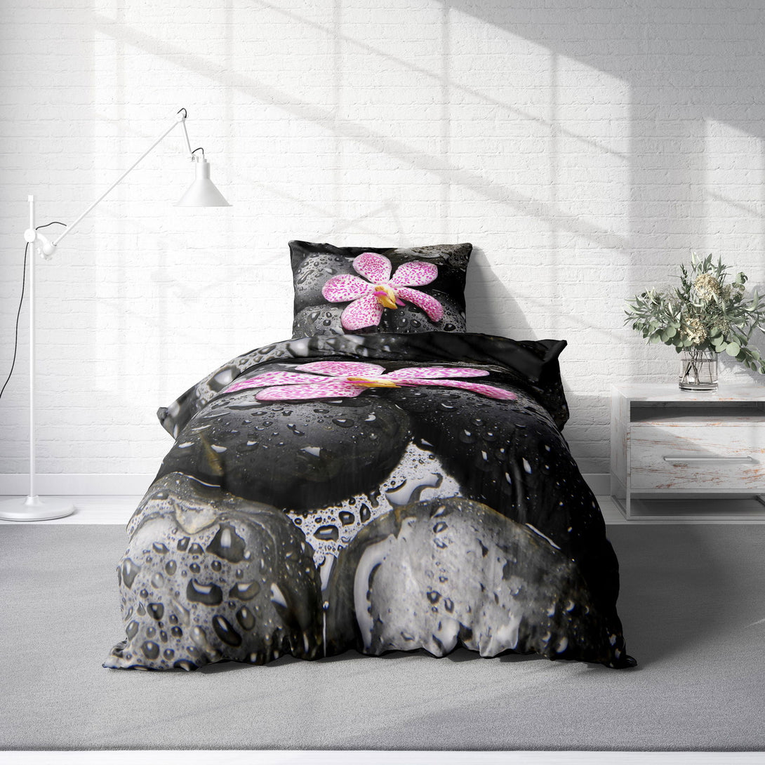One Home Wende Bettwäsche 135x200 cm Steine schwarz Orchideen Zen Relax Microfaser Set