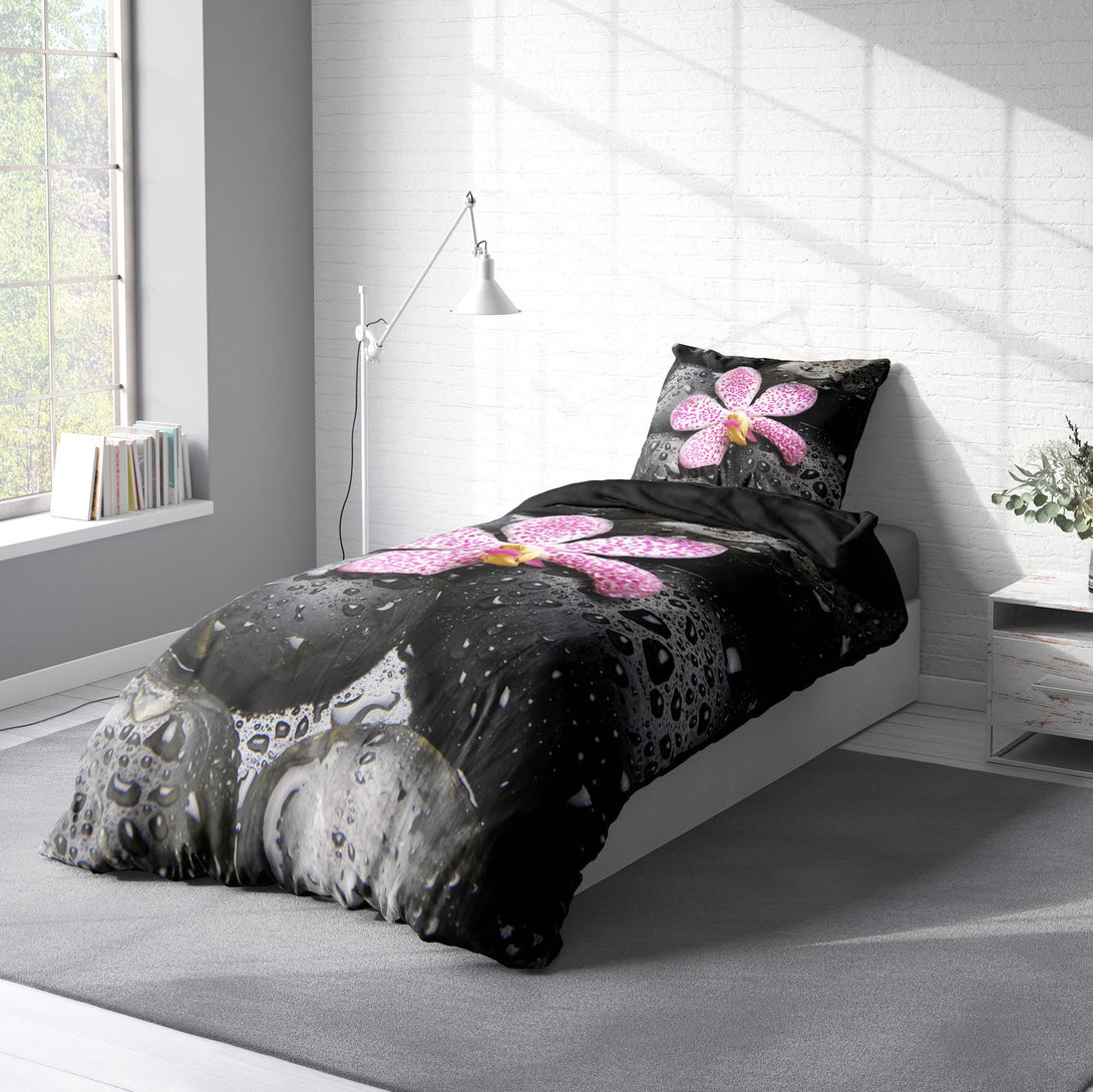 One Home Wende Bettwäsche 135x200 cm Steine schwarz Orchideen Zen Relax Microfaser Set