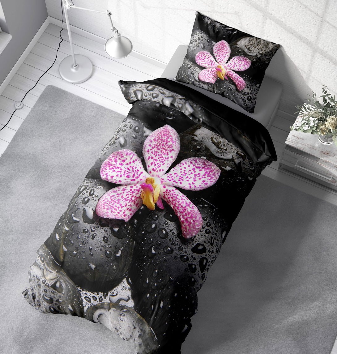 One Home Wende Bettwäsche 135x200 cm Steine schwarz Orchideen Zen Relax Microfaser Set