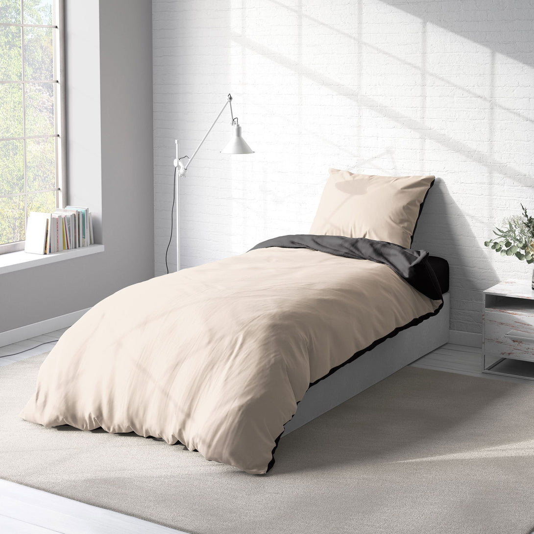One Home Wende Bettwäsche 135x200 cm natur beige anthrazit Uni Doubleface Microfaser Set