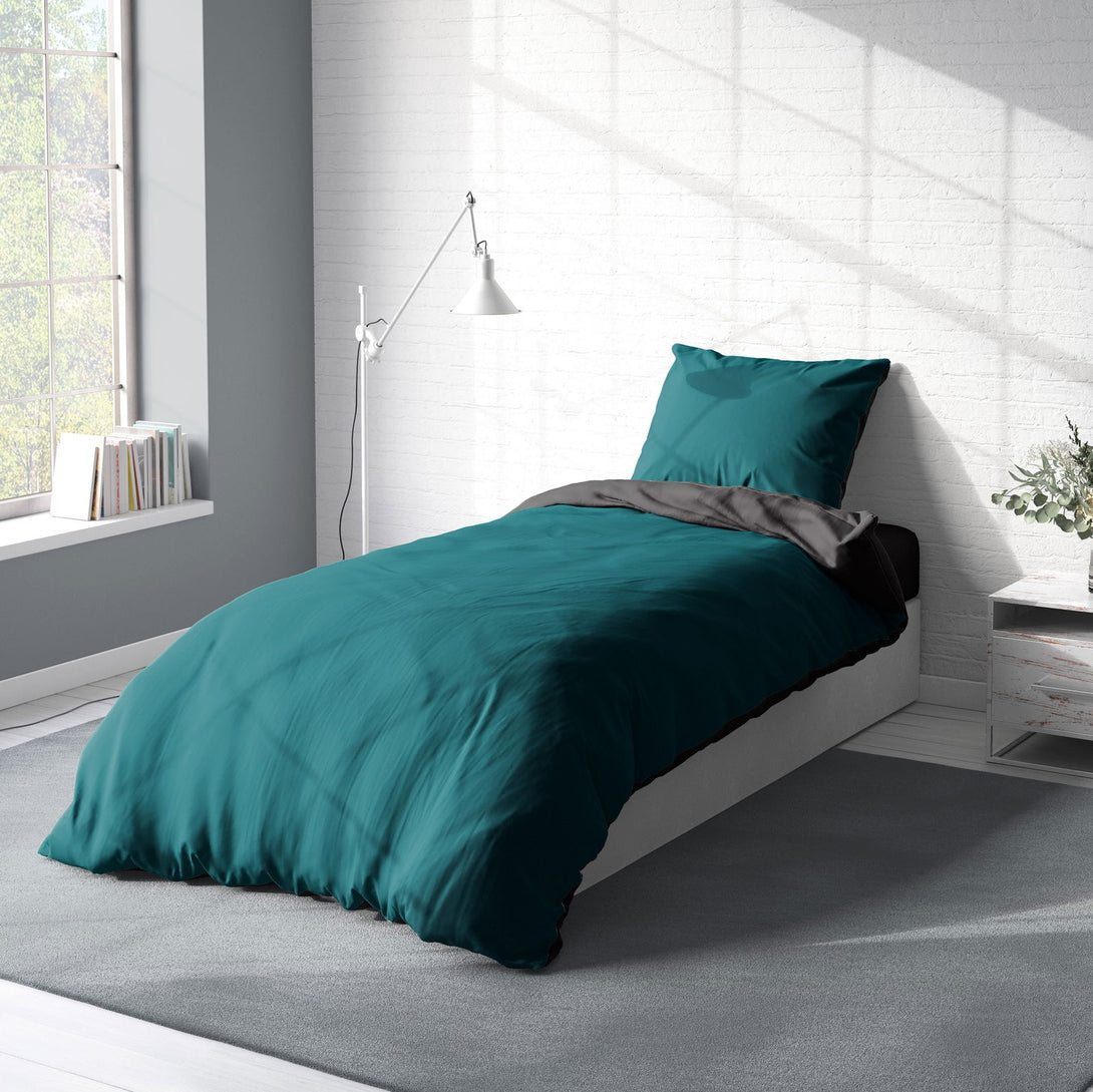 One Home Wende Bettwäsche 135x200 cm petrol anthrazit Uni Doubleface Microfaser Set
