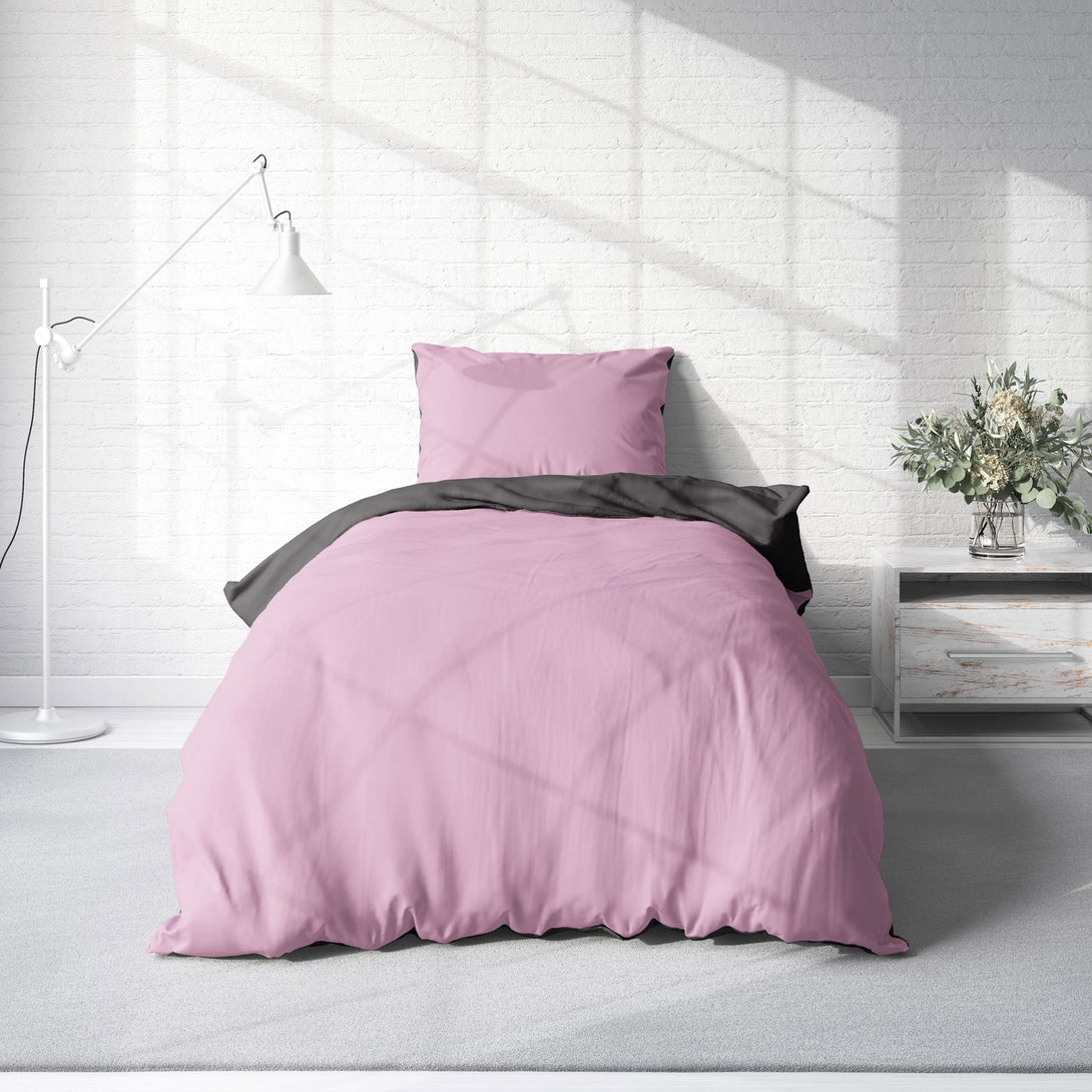 One Home Wende Bettwäsche 135x200 cm rosa pink anthrazit Uni Doubleface Microfaser Set
