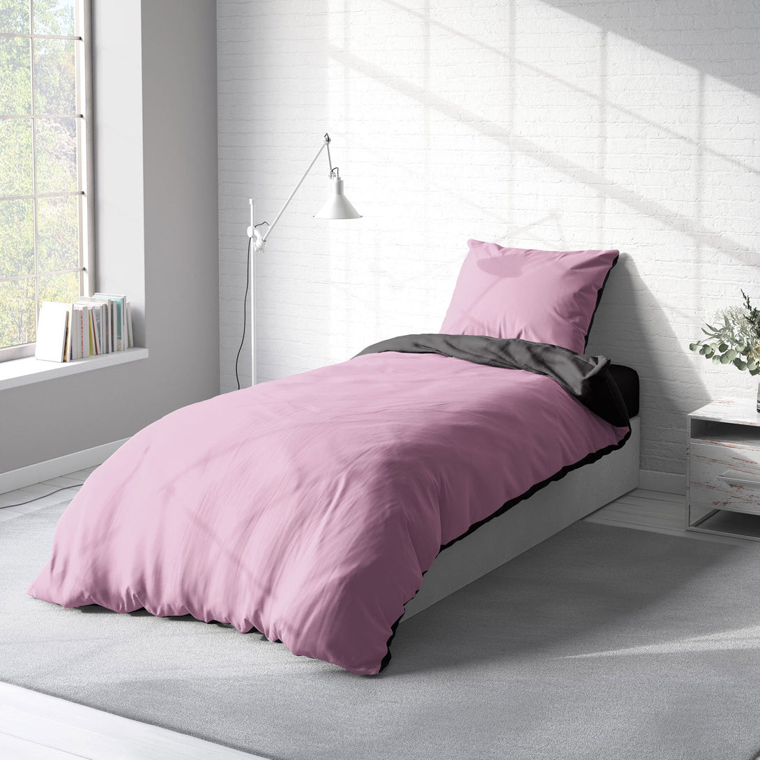 One Home Wende Bettwäsche 135x200 cm rosa pink anthrazit Uni Doubleface Microfaser Set