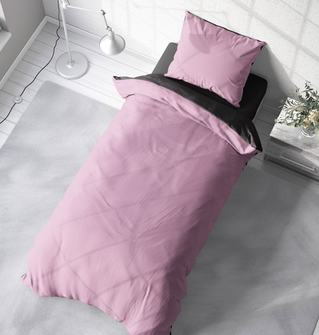 One Home Wende Bettwäsche 135x200 cm rosa pink anthrazit Uni Doubleface Microfaser Set