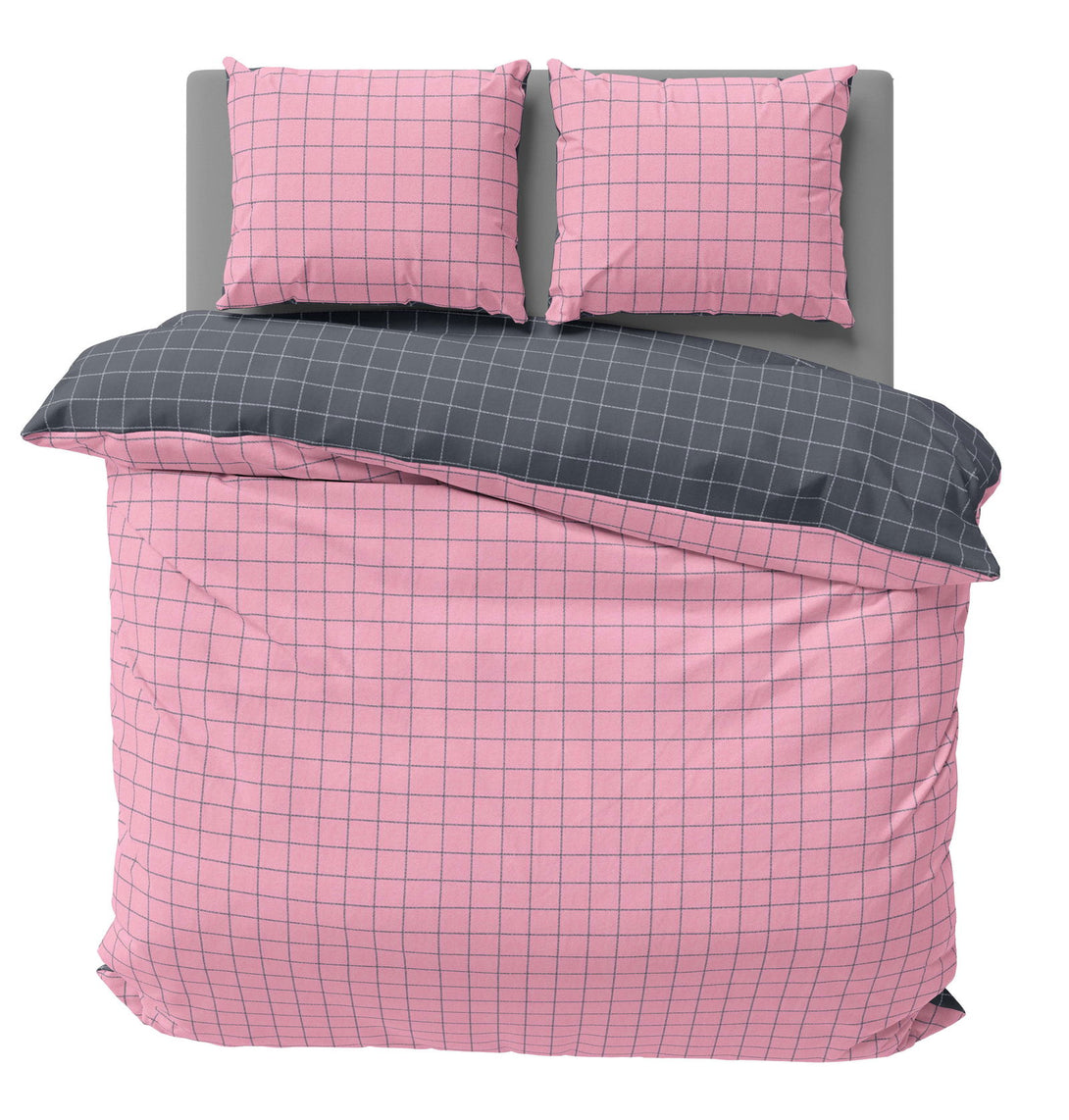 One Home Wende Bettwäsche Kariert Karo modern Renforcé Baumwolle mit Reißverschluss rosa